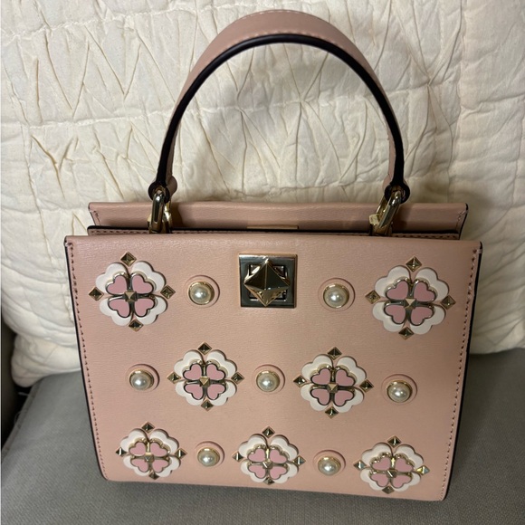 Kate spade pink leather pearl and gold flower embellished mini crossbody tote - Picture 3 of 13